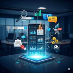 A server rack glowing blue, with complex code snippets and data flow lines superimposed, symbolizing technical SEO and fast website speed optimization.